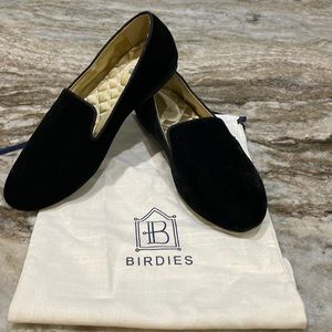Birdies black velvet, gold lining, non slip, size 8 with dust bags.  Never worn
